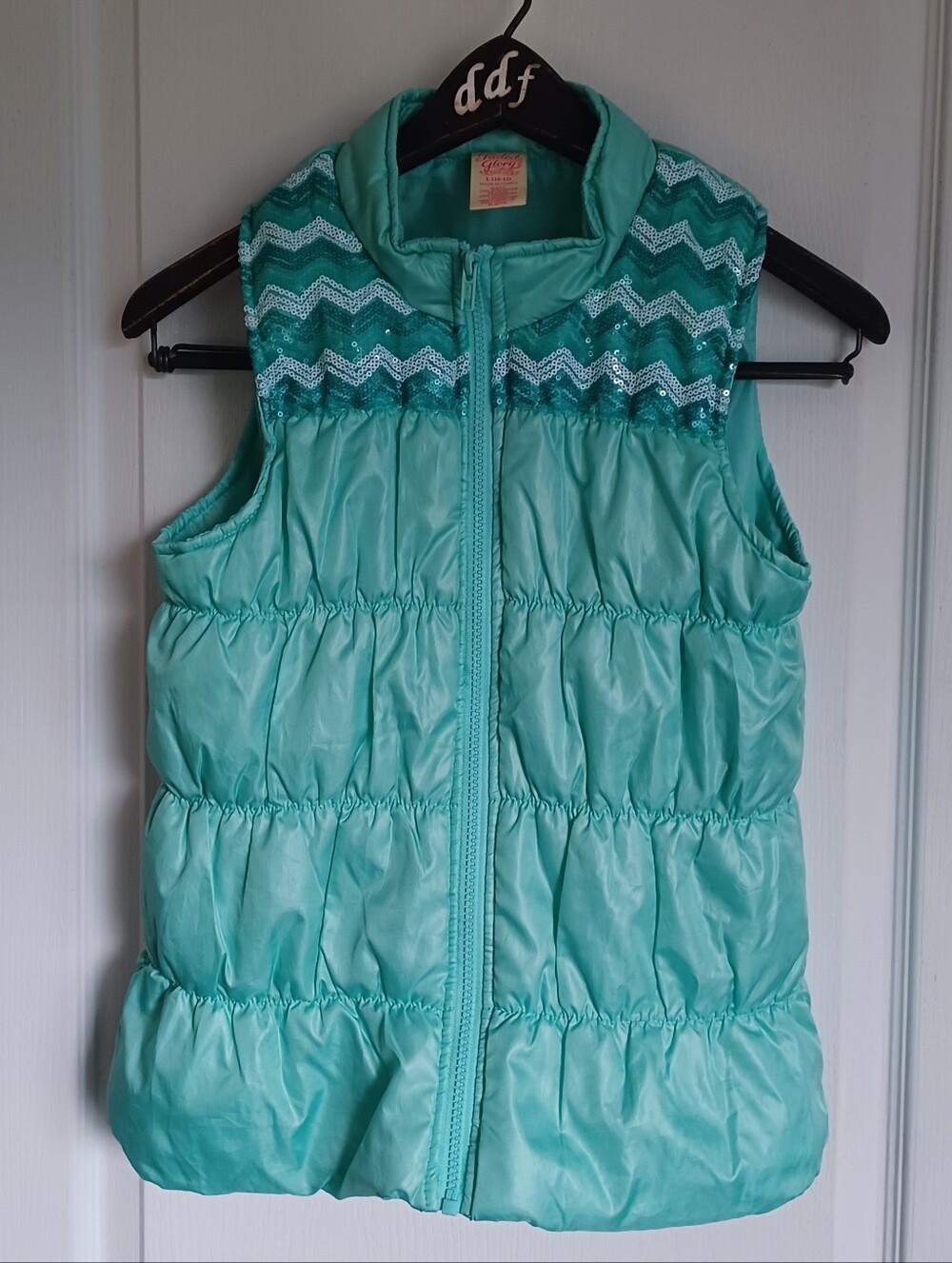 FADED GLORY GIRLS' L (10-12) CHEVRON SEQUINS/MINT GREEN FULL-ZIP PUFFER VEST